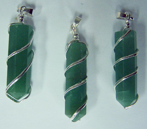 GREEN ADVENTURINE COIL WRAPPED POINT STONE PENDANT
