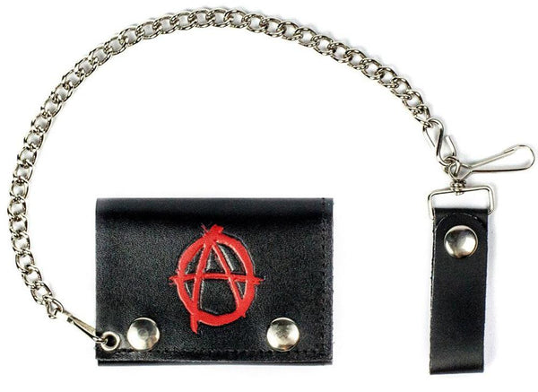 ANARCHY SYMBOL TRIFOLD LEATHER WALLETS WITH CHAIN