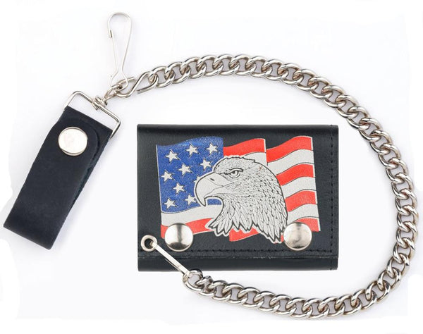 USA FLAG EAGLE HEAD TRIFOLD LEATHER WALLETS WITH CHAIN