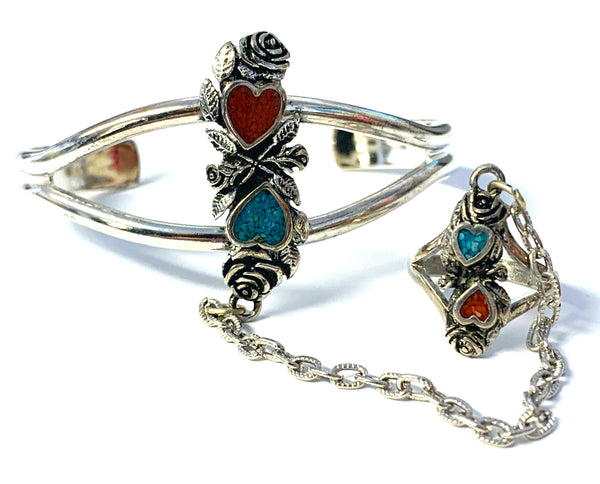 HEARTS & ROSES CUFF SLAVE BRACELET W RING ON CHAIN (Sold by the piece)
