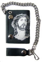 JESUS CROWN OF THORNS TRIFOLD LEATHER WALLET WITH CHAIN