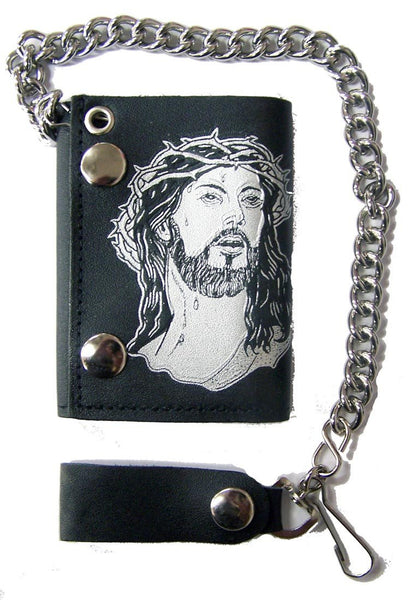 JESUS CROWN OF THORNS TRIFOLD LEATHER WALLET WITH CHAIN