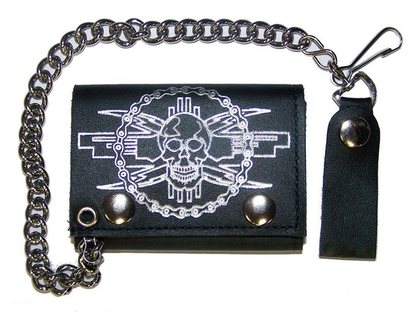SKULL MOTORCYCLE CHAIN TRIFOLD LEATHER WALLET WITH CHAIN