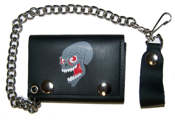 SCREAMING SKULL TRIFOLD LEATHER WALLET WITH CHAIN