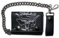TEXAS LONE STAR BULL & HORNS TRIFOLD LEATHER WALLETS WITH CHAIN