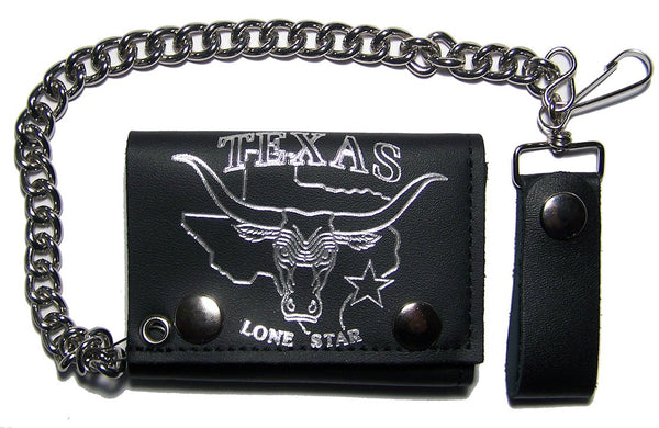 TEXAS LONE STAR BULL & HORNS TRIFOLD LEATHER WALLETS WITH CHAIN