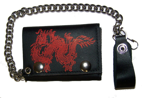 RED CHINESE DRAGON TRIFOLD LEATHER WALLETS WITH CHAIN